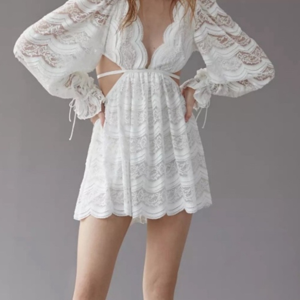 For Love And Lemons White Plunge Bishop Sleeve Dress